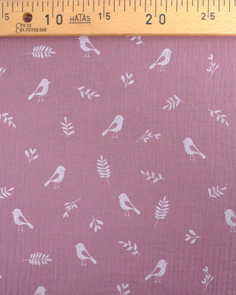 Tissu Double Gaze Parme Motif Oiseaux Oeko-Tex -Mercerine