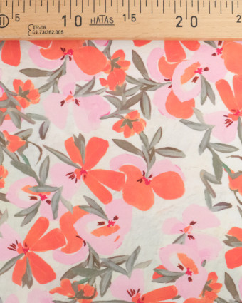 Tissu Viscose Ecru Fleur d'Été Orange et Rose  - Mercerine