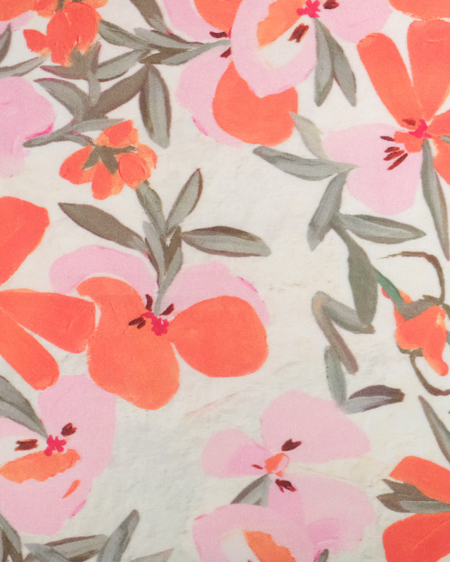 Tissu Viscose Ecru Fleur d'Été Orange et Rose  - Mercerine