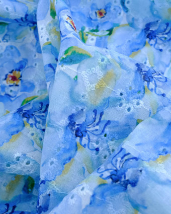 Broderie Anglaise Fleur Aquarelle Bleue Oeko-Tex - Mercerine