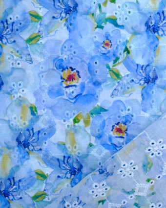 Broderie Anglaise Fleur Aquarelle Bleue Oeko-Tex - Mercerine