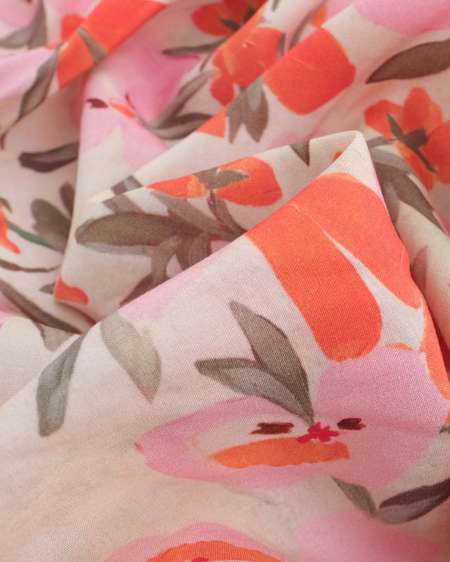 Tissu Viscose Ecru Fleur d'Été Orange et Rose  - Mercerine