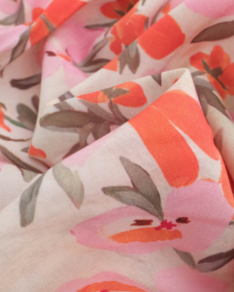 Tissu Viscose Ecru Fleur d'Été Orange et Rose  - Mercerine