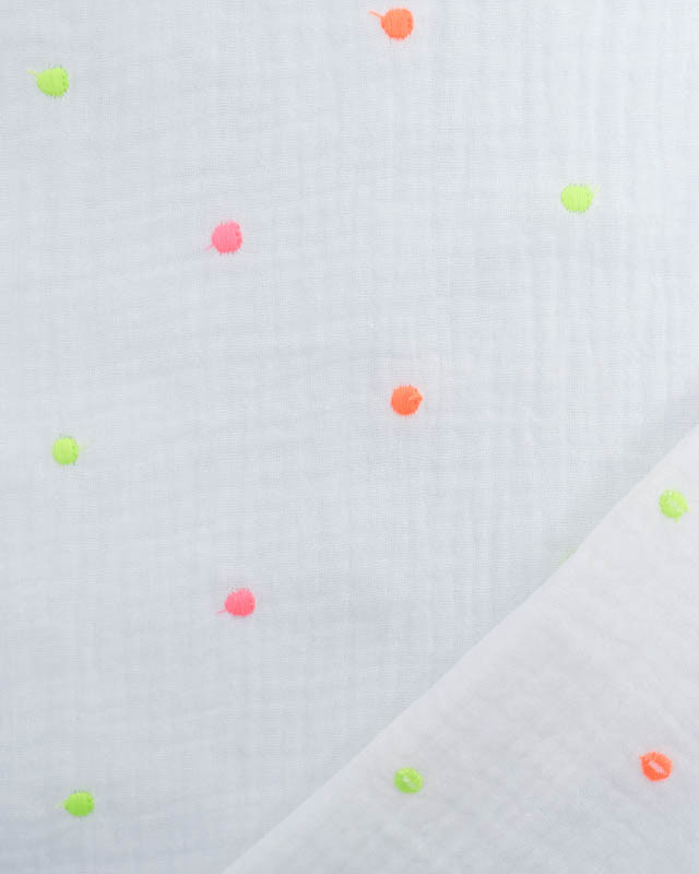 Tissu Double Gaze Blanche Brodée Pois Fluo  - Mercerine