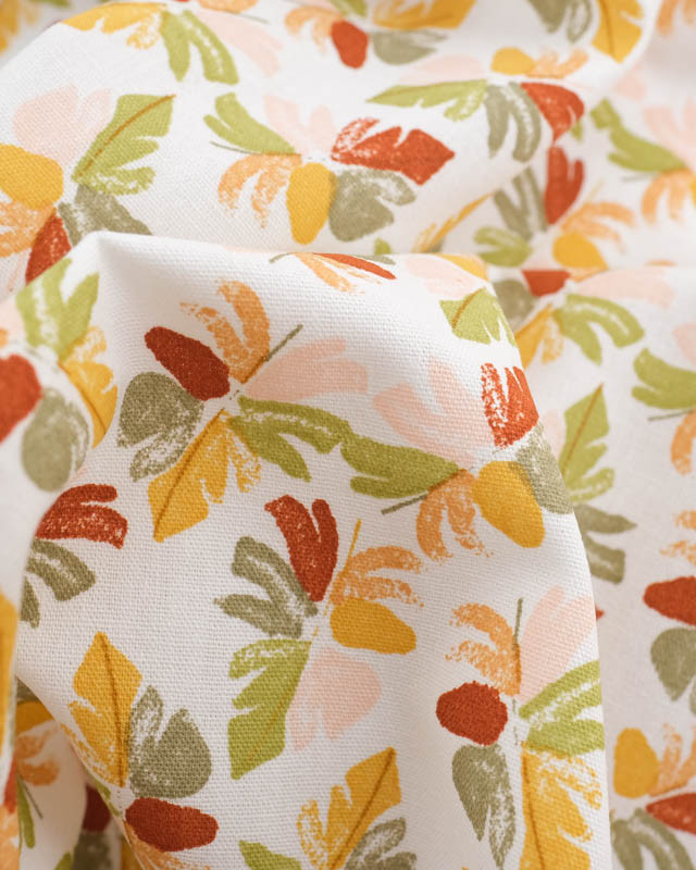 Tissu Coton Blanc Petit Feuilles d'Automne - Oeko-tex - Mercerine