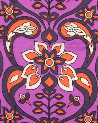 Tissu Satin Violet Joli Motif Arabesque Orange - Mercerine