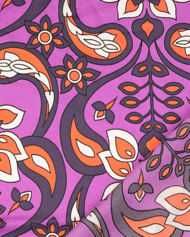 Tissu Satin Violet Joli Motif Arabesque Orange - Mercerine