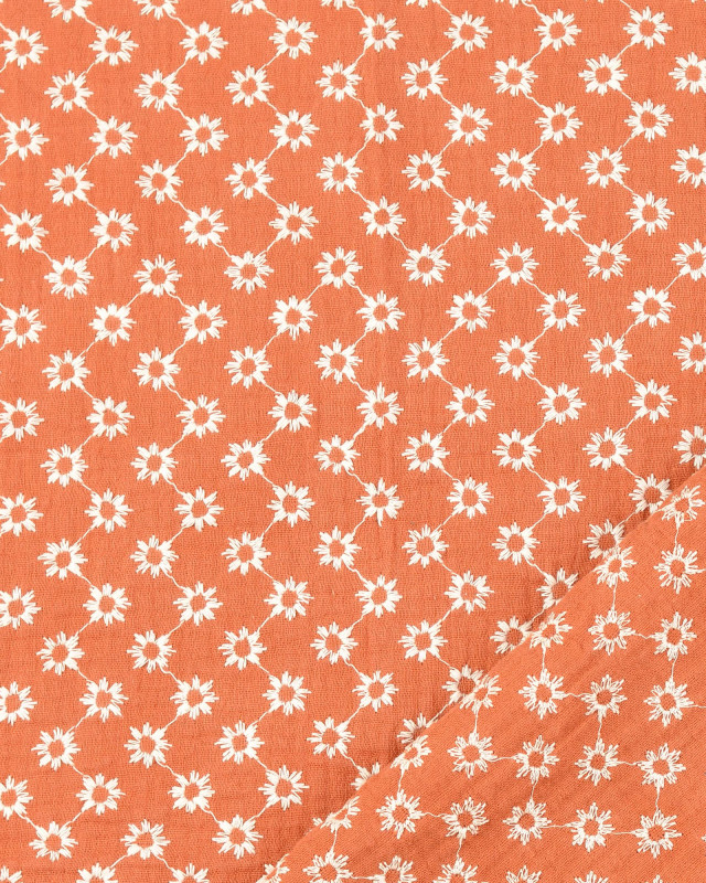 Tissu Double Gaze Brodée Petite Fleur Terracotta - Mercerine