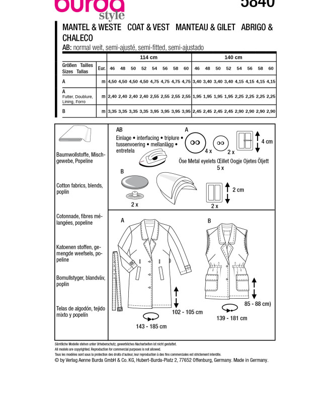 Patron Manteau & gilet Burda 5840 - Patrons couture - Mercerine