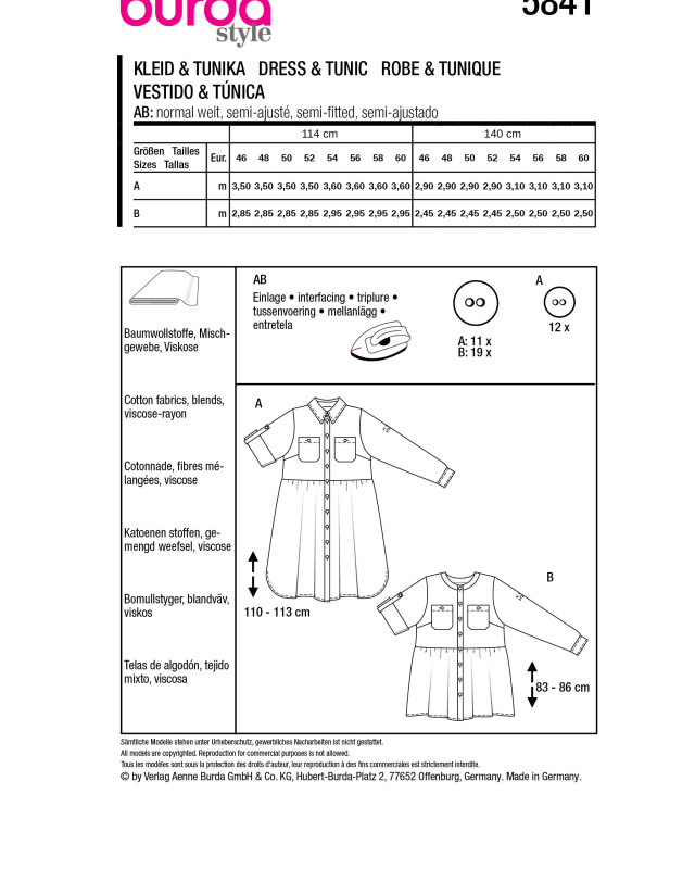 Patron Robe & tunique Burda 5841 - Patrons couture - Mercerine