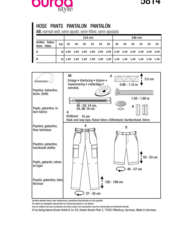 Patron Pantalon Burda 5814 - Patrons couture - Mercerine