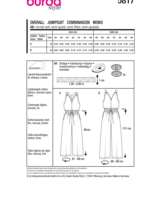 Patron Combinaison Burda 5817 - Patrons couture - Mercerine