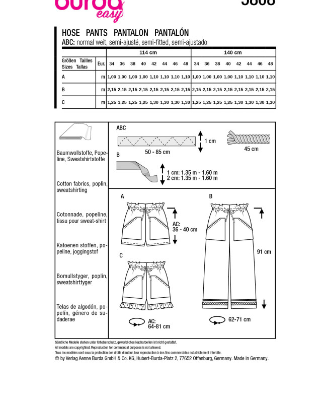 Patron Pantalon Burda 5808 - Patrons couture - Mercerine