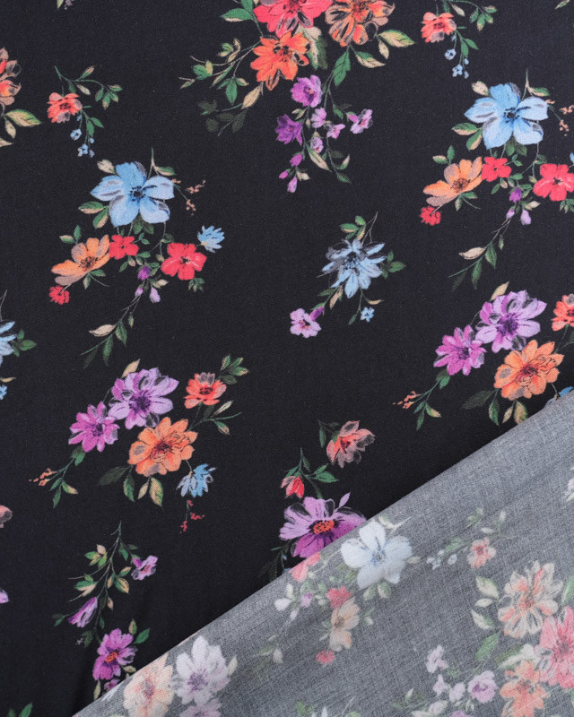 Viscose Noire Fleurs Colorées Vintages - Oeko-Tex - Mercerine