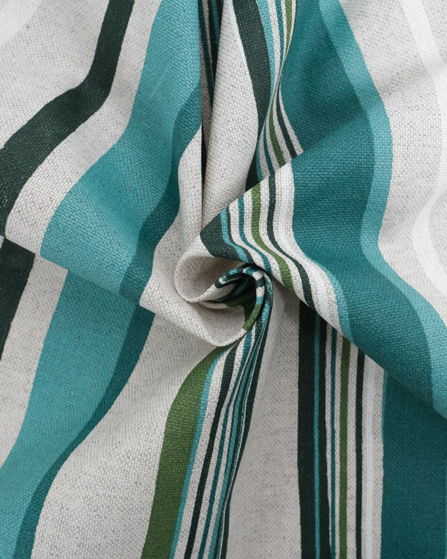 Tissu Effet Lin Enduit Rayures Bleu Vert  - Mercerine