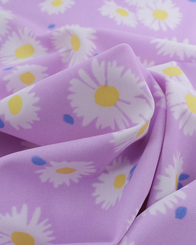 Tissu lycra Marguerite Fond Lilas - Tissus en ligne - Mercerine