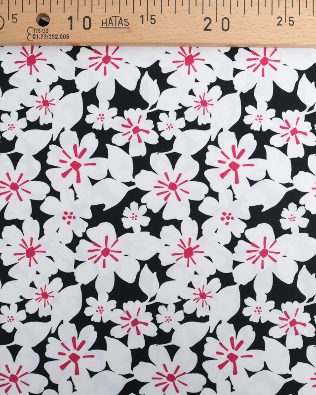 Tissu Lycra Jolie Fleur Blanche et Rose Fond Noir- Mercerine