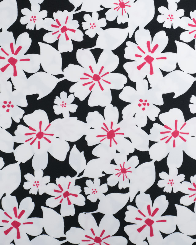 Tissu Lycra Jolie Fleur Blanche et Rose Fond Noir- Mercerine