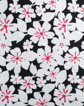 Tissu Lycra Jolie Fleur Blanche et Rose Fond Noir- Mercerine