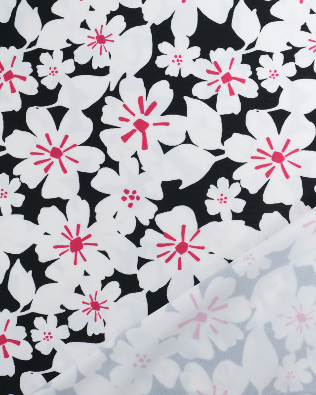 Tissu Lycra Jolie Fleur Blanche et Rose Fond Noir- Mercerine