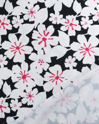 Tissu Lycra Jolie Fleur Blanche et Rose Fond Noir- Mercerine