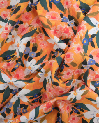 Tissu Viscose Orange Fleur Aquarelle - Mercerine