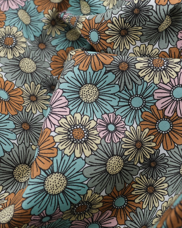 Tissu Coton Champ de Fleurs Bleu Vert - Poppy Design - Mercerine