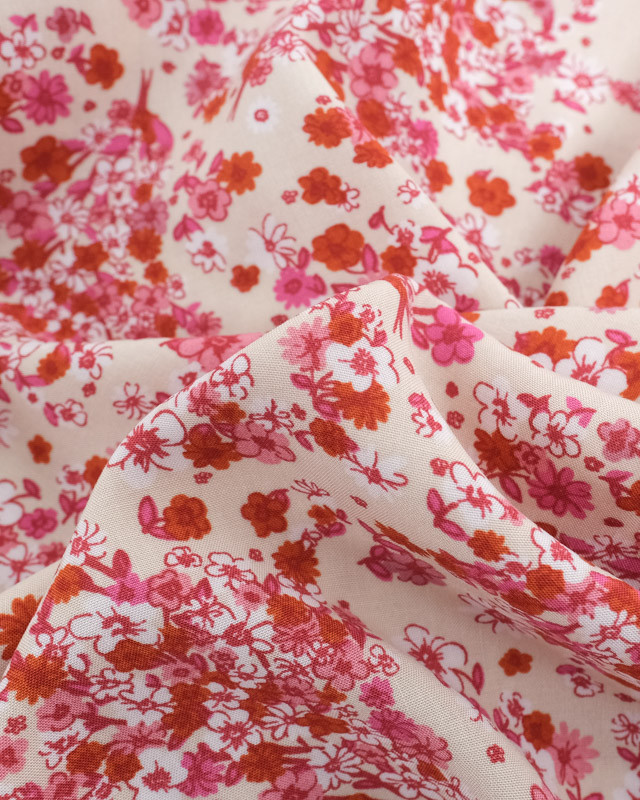 Tissu Viscose Beige Jolies Petites Fleurs Sakura - Mercerine