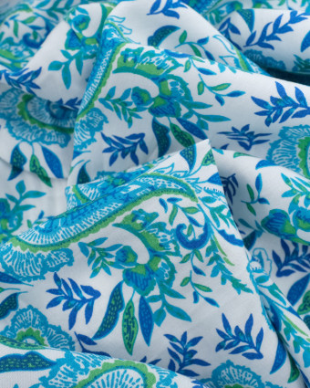 Tissu Viscose Blanche Joli Motif Cachemire Bleu - Mercerine