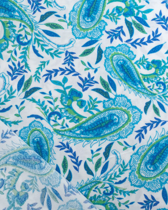 Tissu Viscose Blanche Joli Motif Cachemire Bleu - Mercerine