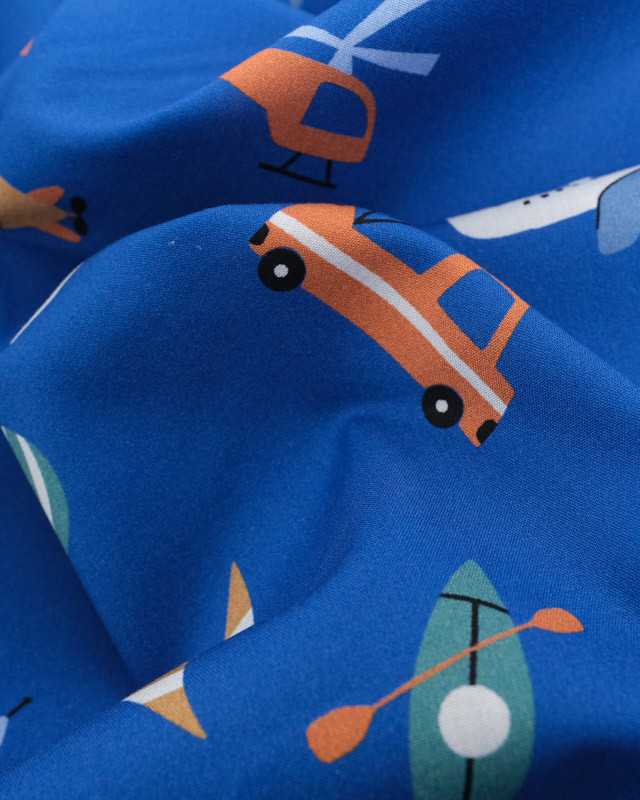 Tissu Coton Bleu Camion Bateau Fusée  - Poppy Design - Mercerine