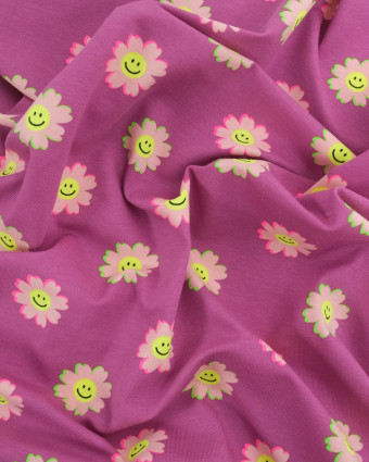 Tissu Jersey Mauve Smiley Marguerite - Poppy Design - Mercerine