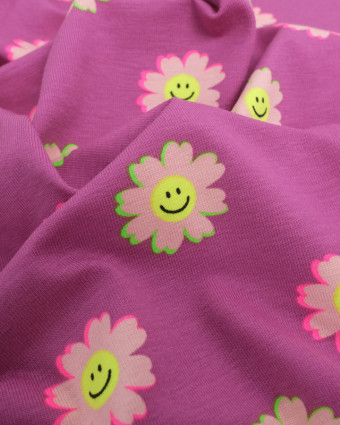 Tissu Jersey Mauve Smiley Marguerite - Poppy Design - Mercerine