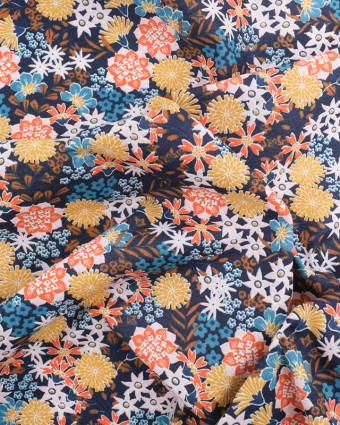 Tissu Coton Marine Fleurs Colorées Japonisantes - Mercerine