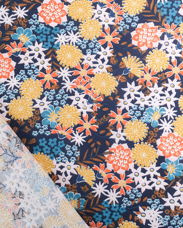 Tissu Coton Marine Fleurs Colorées Japonisantes - Mercerine