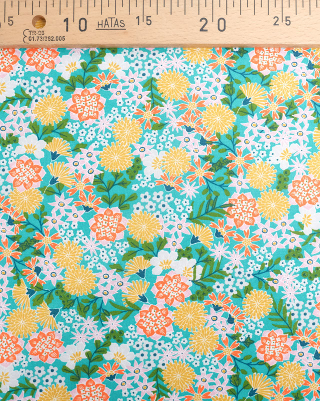 Tissu Coton Bleu Vert Fleurs Colorées Japonisantes  - Mercerine