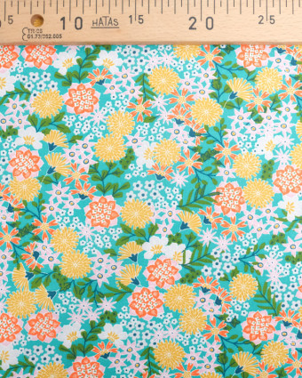 Tissu Coton Bleu Vert Fleurs Colorées Japonisantes  - Mercerine