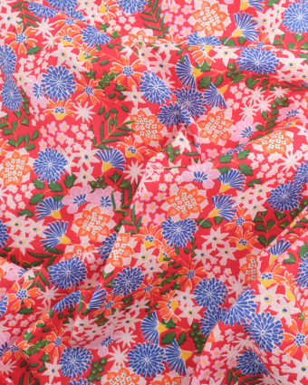 Tissu Coton Rouge Fleurs Colorées Japonisantes - Mercerine