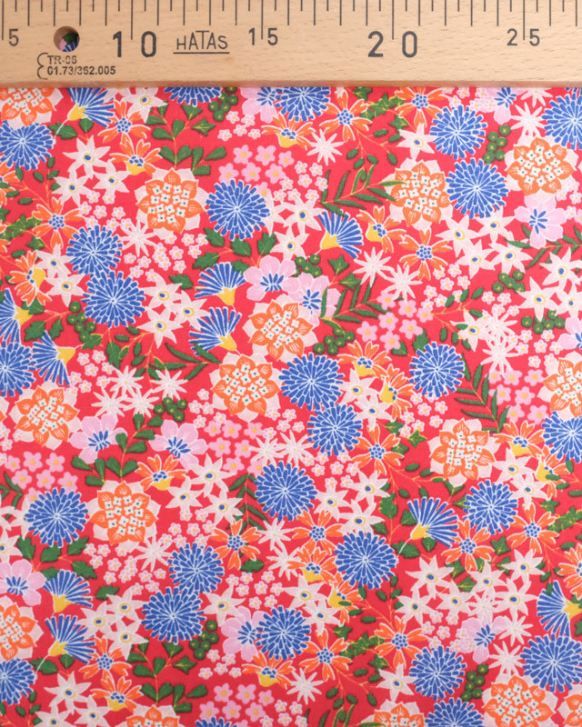 Tissu Coton Rouge Fleurs Colorées Japonisantes- Mercerine