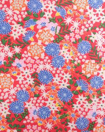 Tissu Coton Rouge Fleurs Colorées Japonisantes- Mercerine