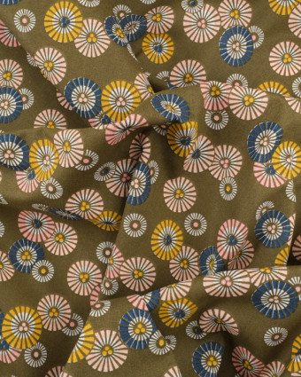 Tissu Coton Kaki Petits Soleils Colorés Japonisants - Mercerine