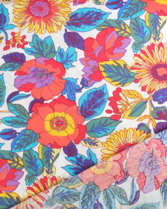 Popeline de Coton Blanche Jolies Fleurs Multicolores - Mercerine