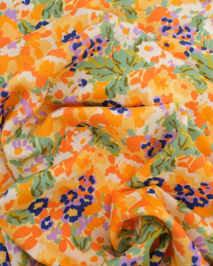 Viscose Orange Imprimé Fleuri Ecru et Lilas - Oeko-Tex - Mercerine