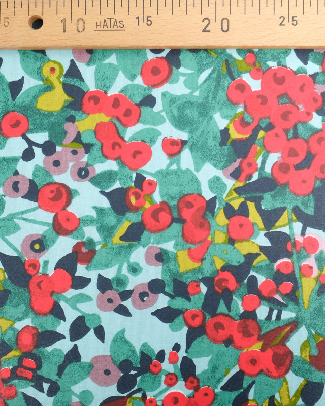 Tissu Enduit Bleu Vert Motif Floral Rouge - Mercerine