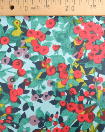 Tissu Enduit Bleu Vert Motif Floral Rouge - Mercerine