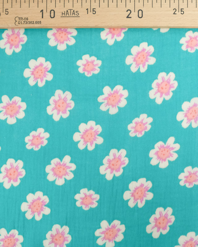 Tissu Double Gaze Turquoise Motif Jolies Fleurs - Mercerine