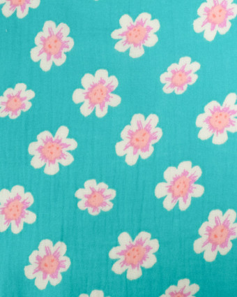 Tissu Double Gaze Turquoise Motif Jolies Fleurs - Mercerine