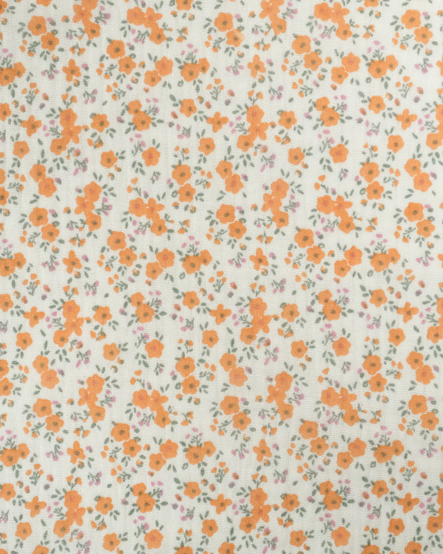 Tissu Double Gaze Ecru Petites Fleurs Vintage Orange - Mercerine