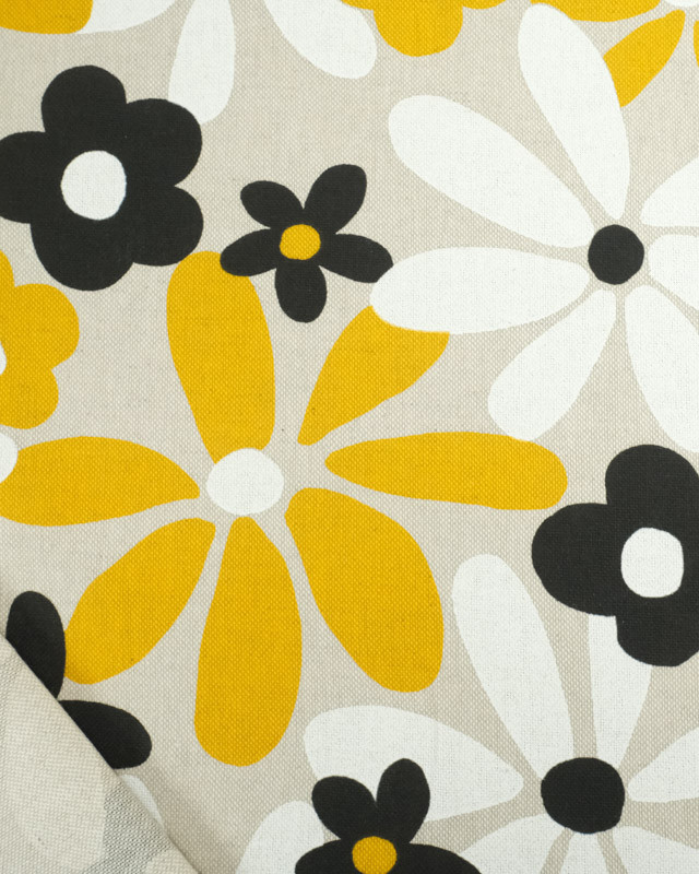 Tissu Coton Enduit Effet Lin Flowers Power Jaune - Mercerine