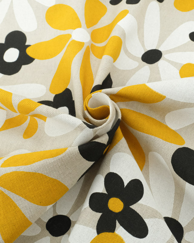 Tissu Coton Enduit Effet Lin Flowers Power Jaune - Mercerine